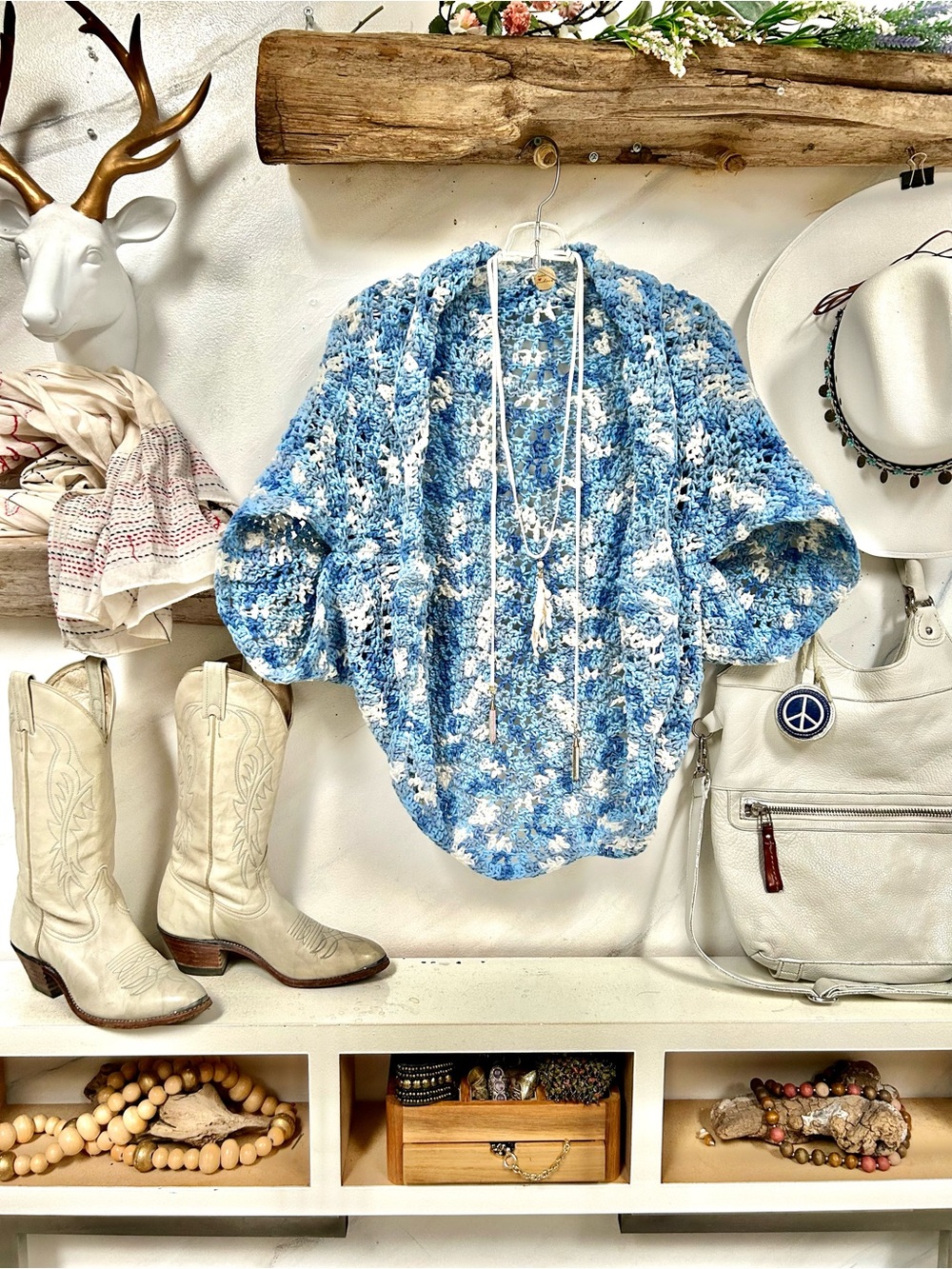 Artisan Blue & White Floral Crochet Pullover Cardigan